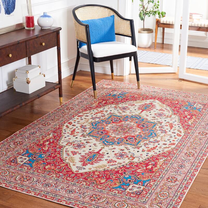 SAFAVIEH Tucson Machine Washable Slip Resistant Mazie Oriental Medallion - 5' x 8' - Red/Beige - Rectangle