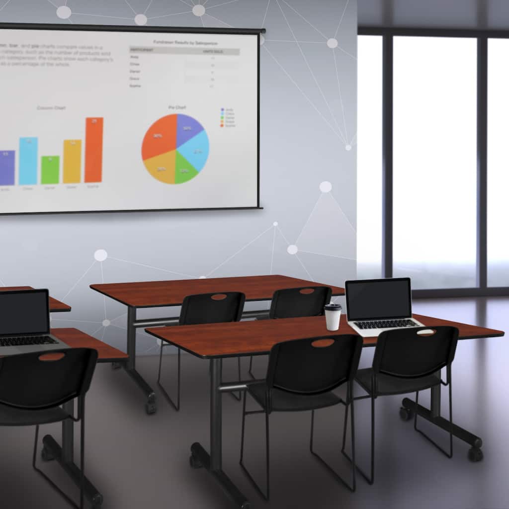 60" Flip Top Mobile Training Table- Cherry & 2 Stack Chairs- Black