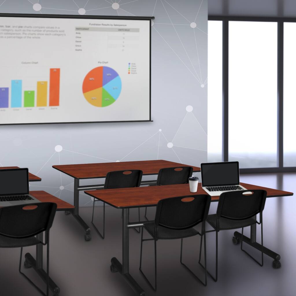 60" x 30" Flip Top Mobile Training Table- Cherry and 2 Stack Chairs- Black