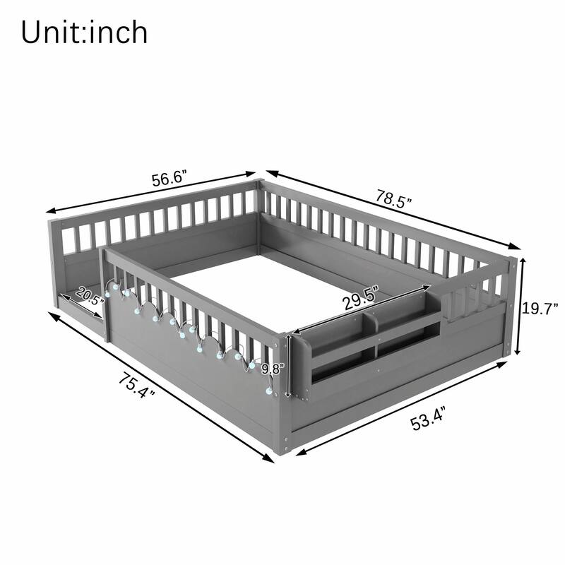 Floor Bed Frame with High Rails, Wooden Kids Floor Bed with Light and Storage Shelf
