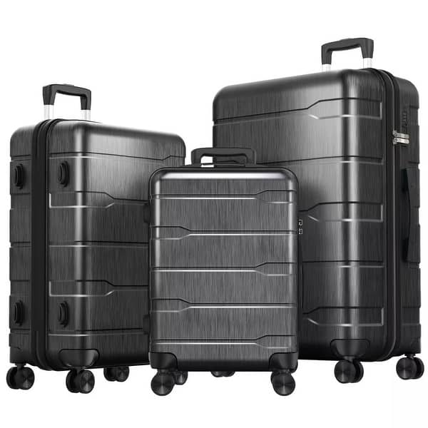 slide 2 of 17, 3-Piece Hardshell Luggage Set with TSA Lock YKK Zippers Aluminum Telescopic Handle and Spinner Wheels Durable PC+ABS Suitcase Black