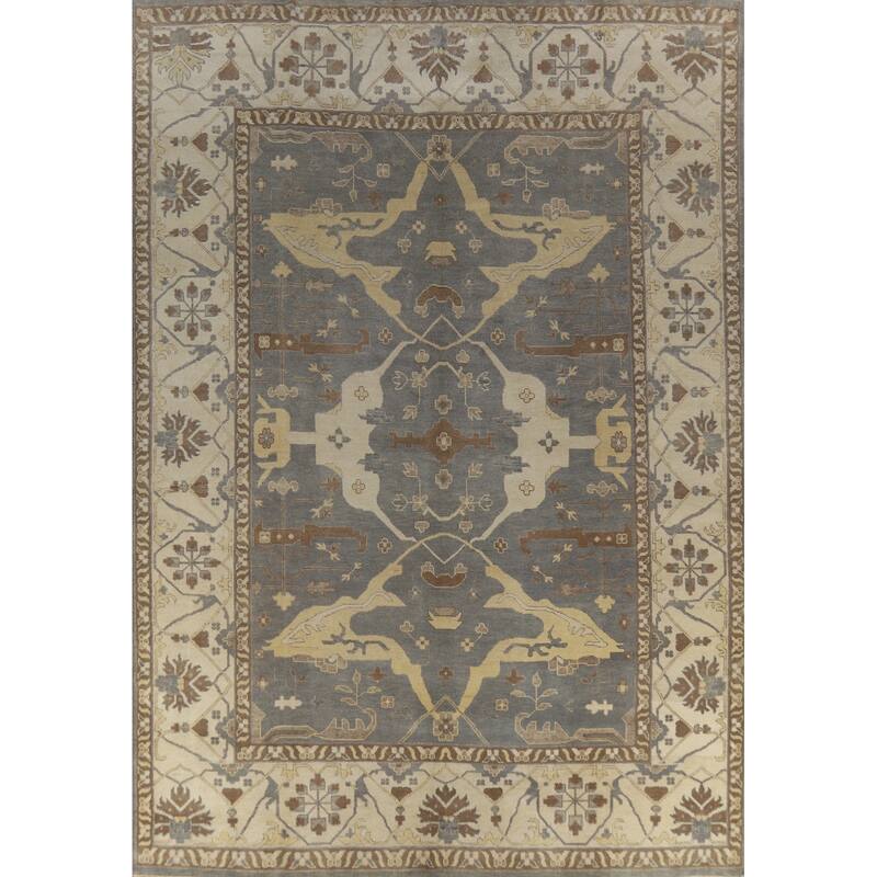 Gray Oushak Indian Large Rug Handmade Gray Floral Wool Carpet - 11'10" x 14'9"