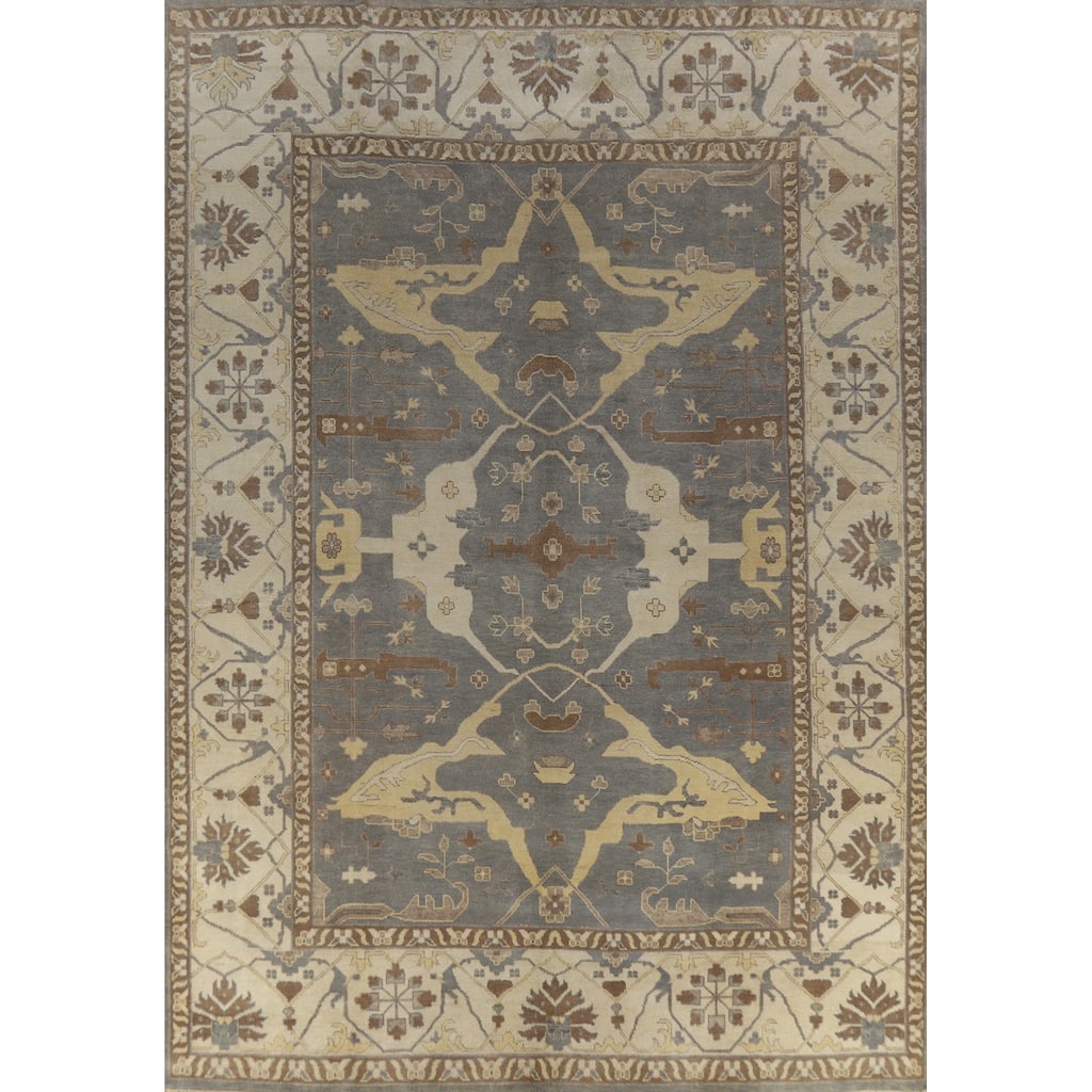 Gray Oushak Indian Large Rug Handmade Gray Floral Wool Carpet - 11'10" x 14'9"