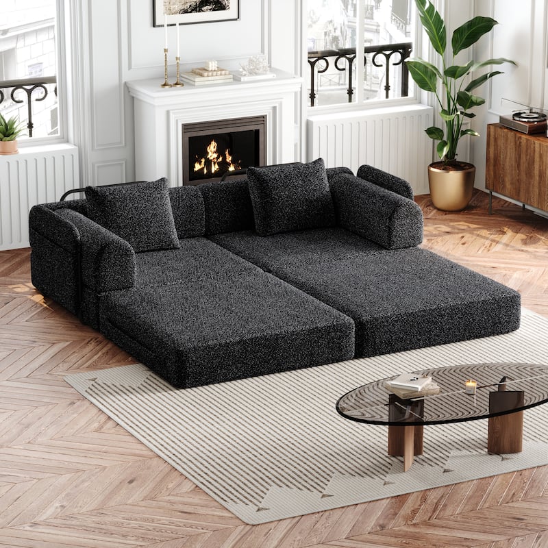 Set of 2 Loveseat Couch Chenille Modular Splicing Sectional Sofa Convertible Sleeper Sofa Bed with Side Pockets and Pillows