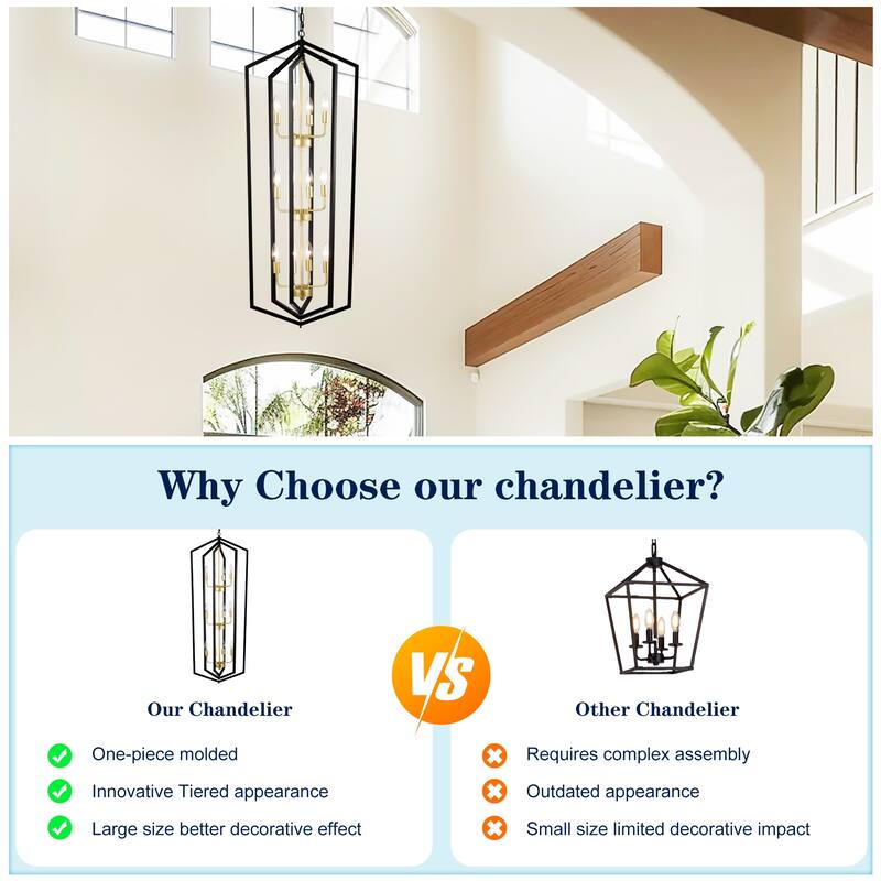 8-Light Black and Gold Lantern Chandelier, Adjustable Ceiling Pendant Light for Dining Room, Kitchen, Living Room, Entryway