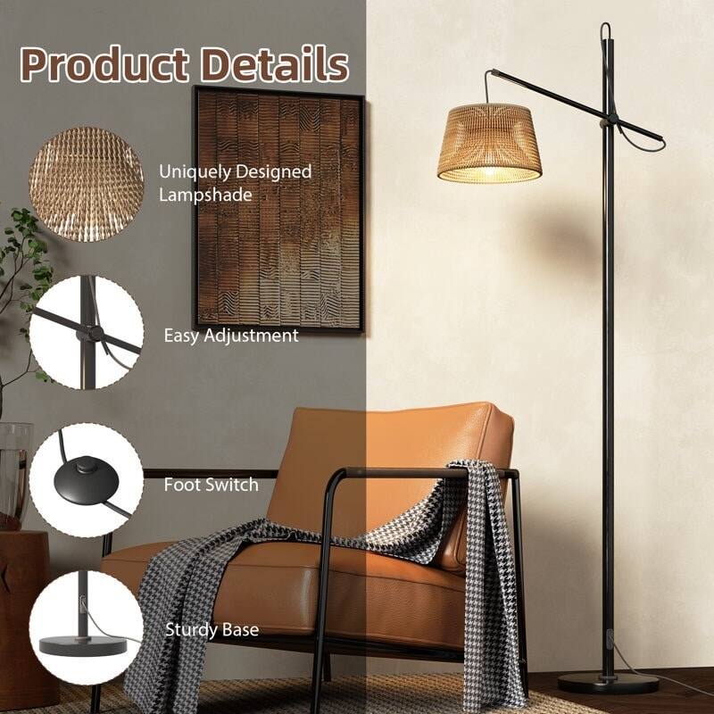 EROMMY Modern Floor Lamp – Foot-Operated Standing Light with Woven Shade, LED Bulb for Living Room, Bedroom or Office - 70" H