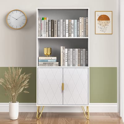 Open Shelf Bookcase with Doors Display Cabinet Rack with Gold Legs for Home Office Living Room Bedroom