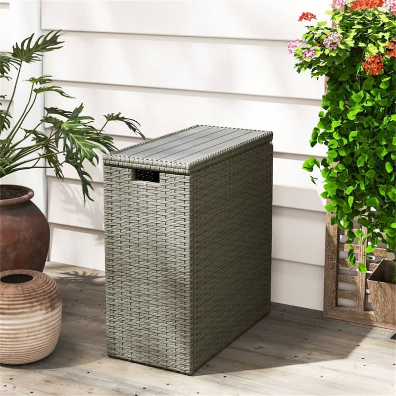 Outdoor Deck Box with Acacia Wood Top PE Rattan Steel Storage Chest Patio Garden Side Table - 11" W x 21.7" D x 23.6" H