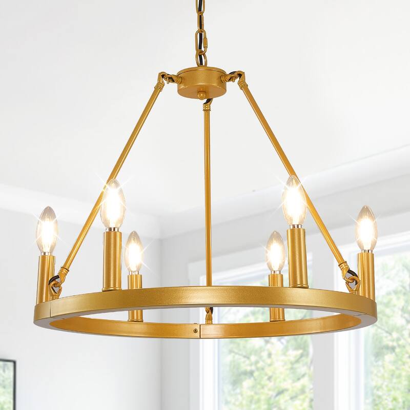 6/12-Light Wagon Wheel Farmhouse Chandelier - 6-Light - Gold
