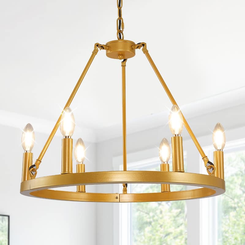 Black Farmhouse Chandelier, 6-Light Wagon Wheel Chandelier with Adjustable Height - Gold