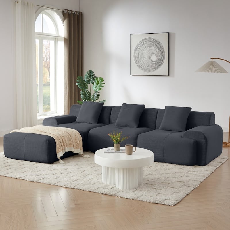 113" Modern L-Shaped Corduroy Modular Sectional Sofa with Movable Ottoman - Dark Grey
