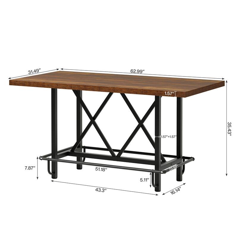 63" Long Wood Dining Table for 4-6 People, Farmhouse Dinner Table with Thick Tabletop, Kitchen Table with Footrest