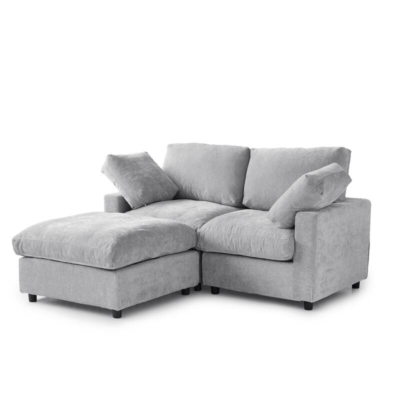 Modern Loveseat Couch with Ottoman Chenille Modular Sectional Sofa Removable Cover, Spring Cushions, Solid Wood Frame