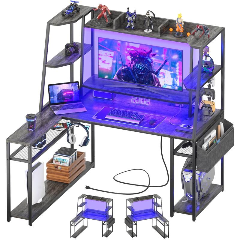 Ultimate L-Shape Gaming Desk with Hutch & Shelves, Reversible Computer Desk with LED Lights & Charging Station