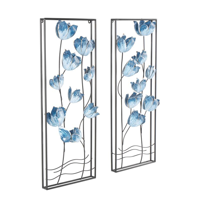Blue Metal Floral Living Room Wall Decor with Black Metal Stems and Frame (Set of 2)