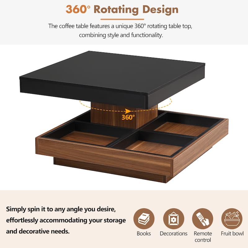 Roomfitters 360° Rotating Coffee Table with Storage, Modern Square 2-Tier Wood Center Table with Three Removable Trays