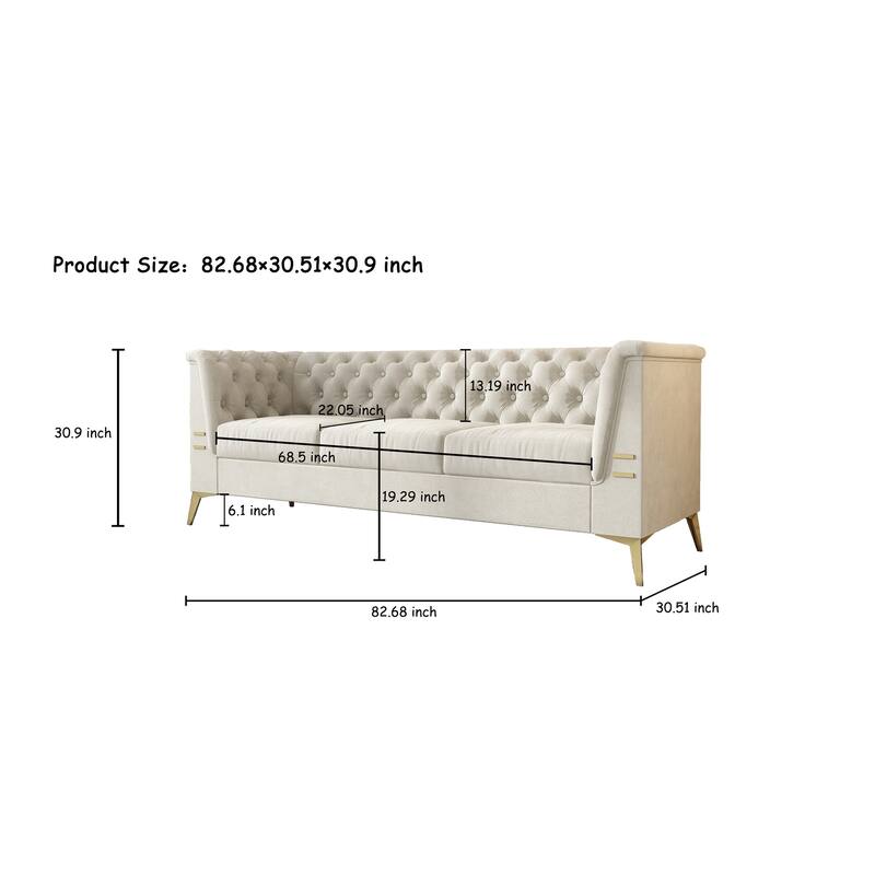 82'' Modern Velvet 3-Seater Couch with Tufted Design and Gold Metal Legs
