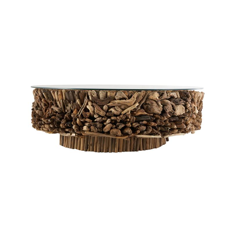Driftwood Handmade Stacked Collage Coffee Table with Tempered Glass Top and Pedestal Base - Brown - Roche River Decor