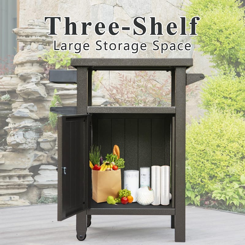 Grill carts Outdoor with Storage and Wheels, Whole Metal Portable Table and Storage Cabinet for BBQ, Deck, Patio, Backyard - Brown