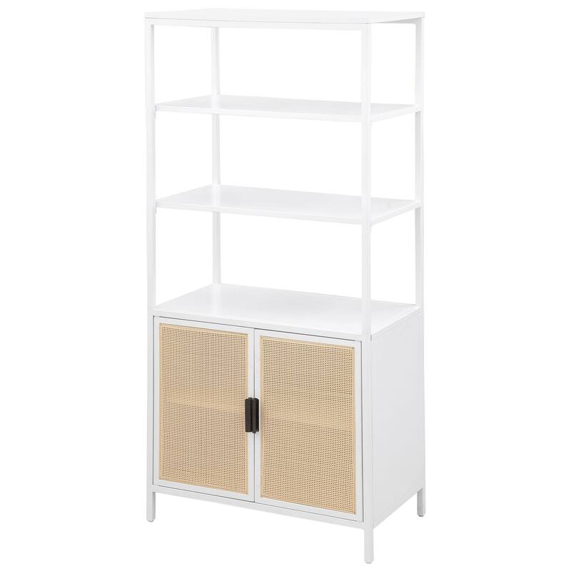 Lanie Tall Accent Cabinet, 3 Shelves 2 Doors, PE Cane, White Metal