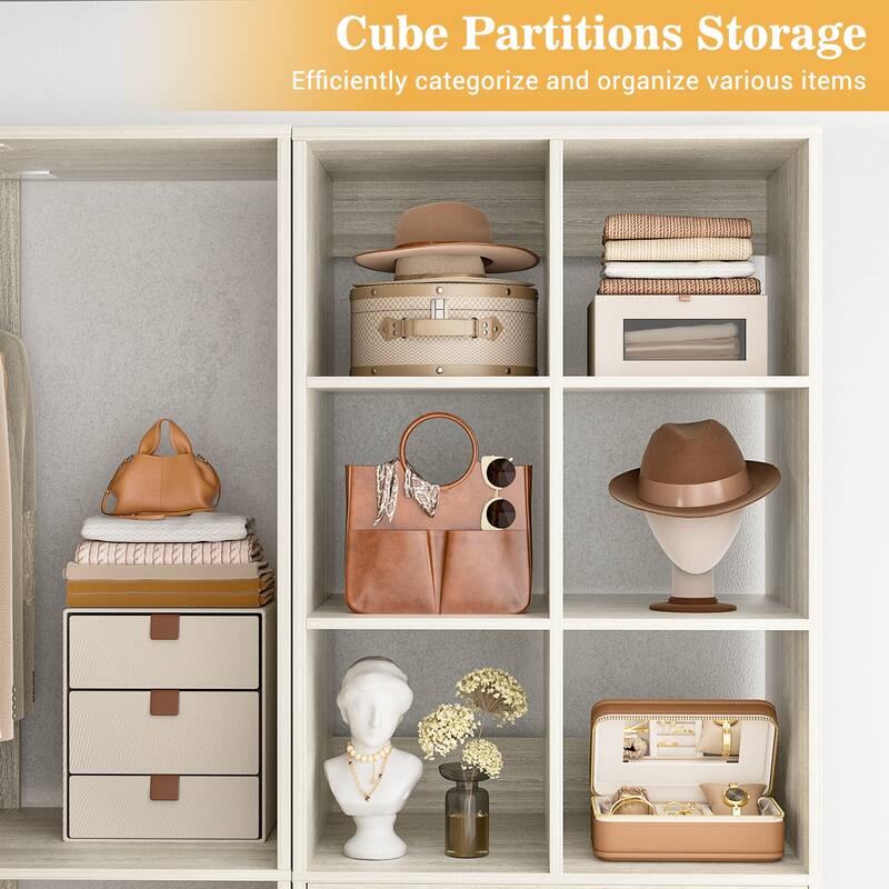 Qvella Corner Closet System with 4 Wooden Drawers & Hanging Rods & Pants Rack, Walk-in Closet Organizer System with Shoe Storage