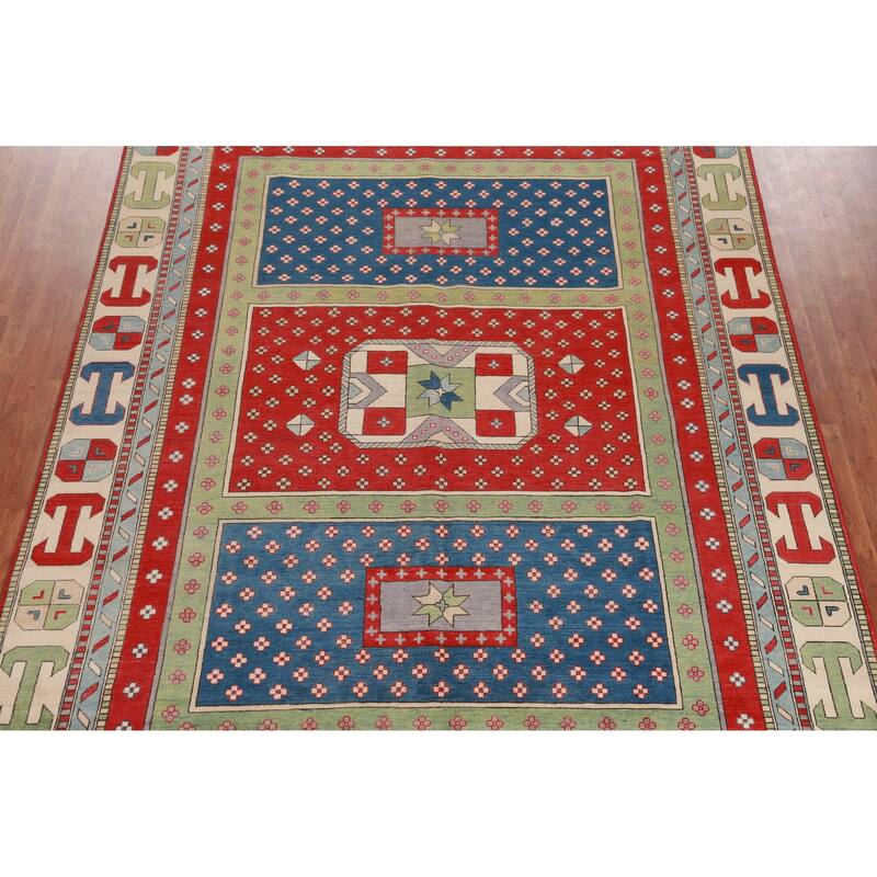 Hand Knotted Oriental 100% Wool Carpet Traditional Geometric Multi-Colored Kazak Area Rug - 11' 5'' X 8' 6''
