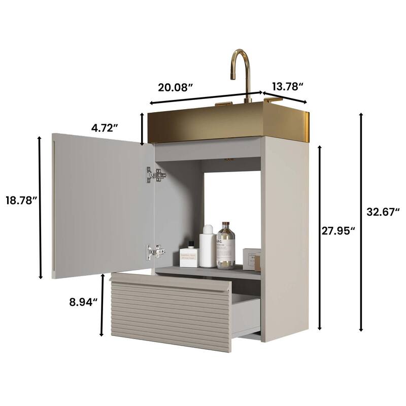 20" Striped Bathroom Vanity with Integrated Brushed Gold Stainless Steel Bathroom Sink, One-Piece Metal Basin without Faucet