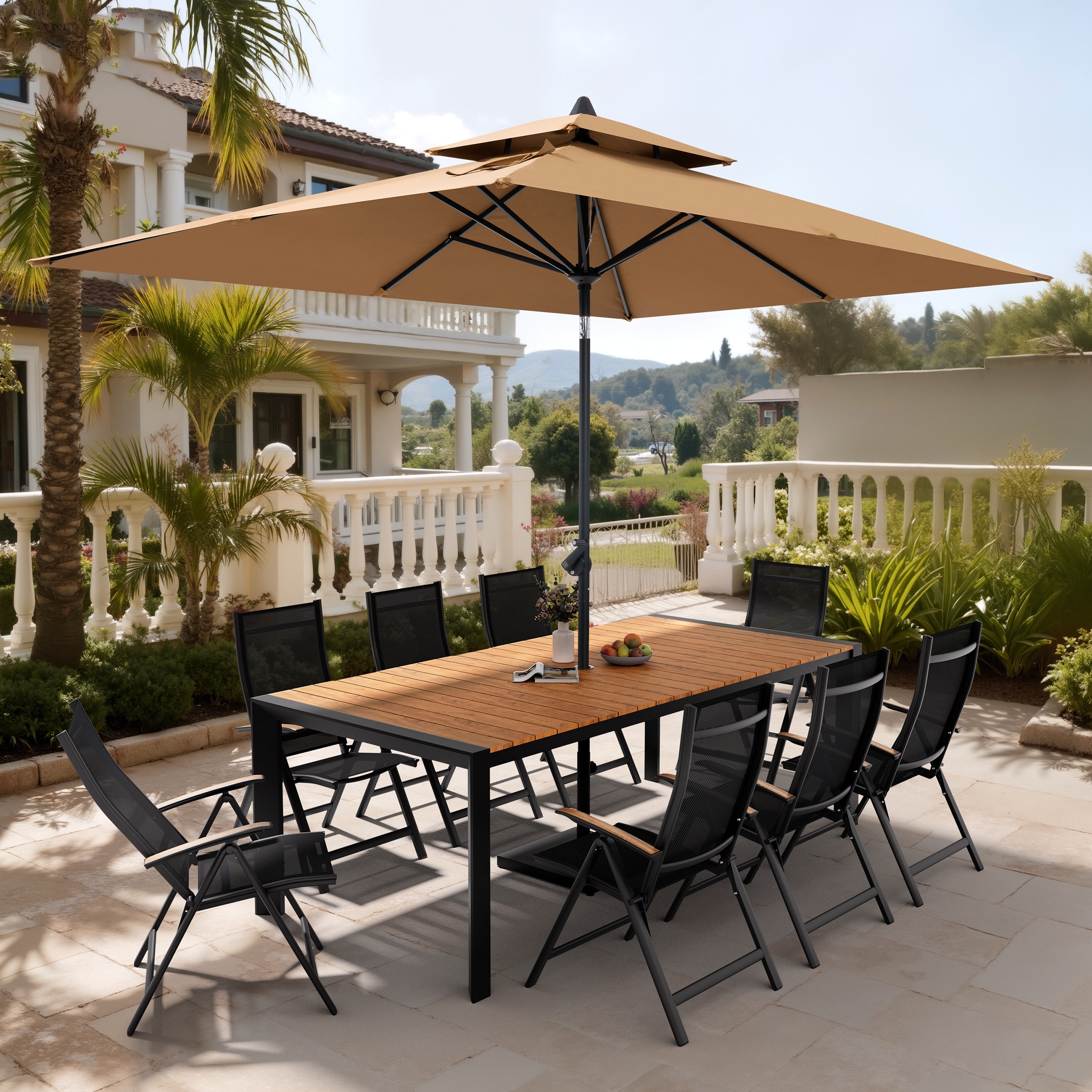 11-Piece Outdoor Patio Dining Set Wood Like Aluminum Umbrella Hole Table with Folding Chairs, Market Umbrella and Base