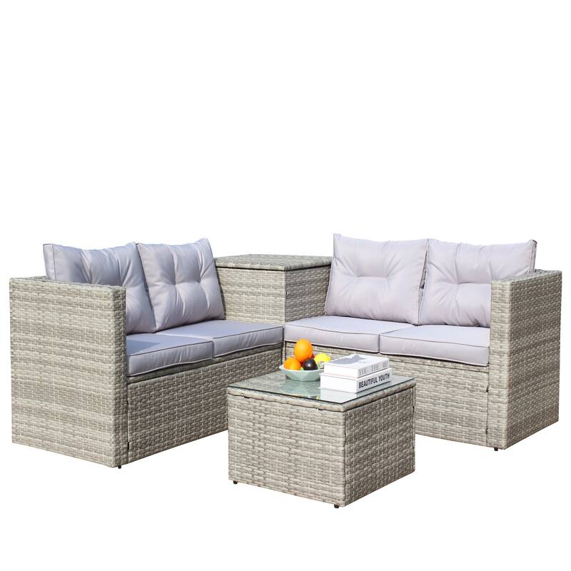 4 Pcs Patio Furniture Set, All Weather Outdoor Conversation Set, Wicker Rattan Sectional Sofa Set with Storage Box and Table
