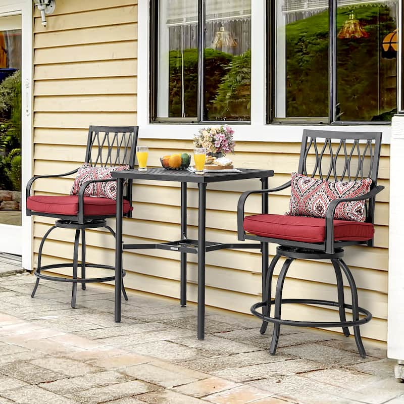 Outdoor 3-Piece Metal Bar Set, Swivel Bar Stools with Cushions and Pillows
