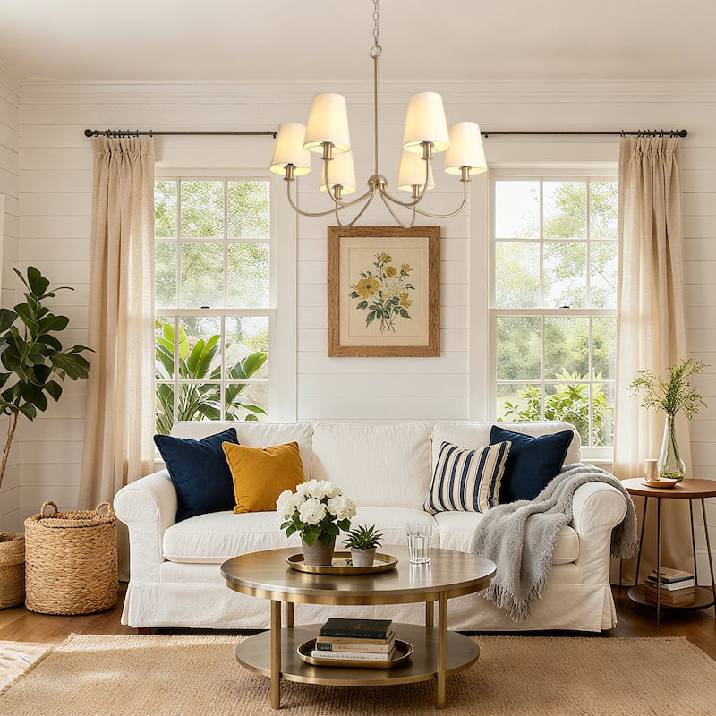 Bella Mid-century Modern Gold 6-Light Chandelier with Fabric Shade for Dining Living Room - D27"x H 24.5"