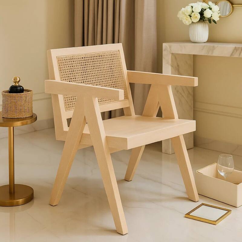 Kato Dining Armchair, Cane Backrest, 24 Inch, Natural Brown Solid Mango Wood