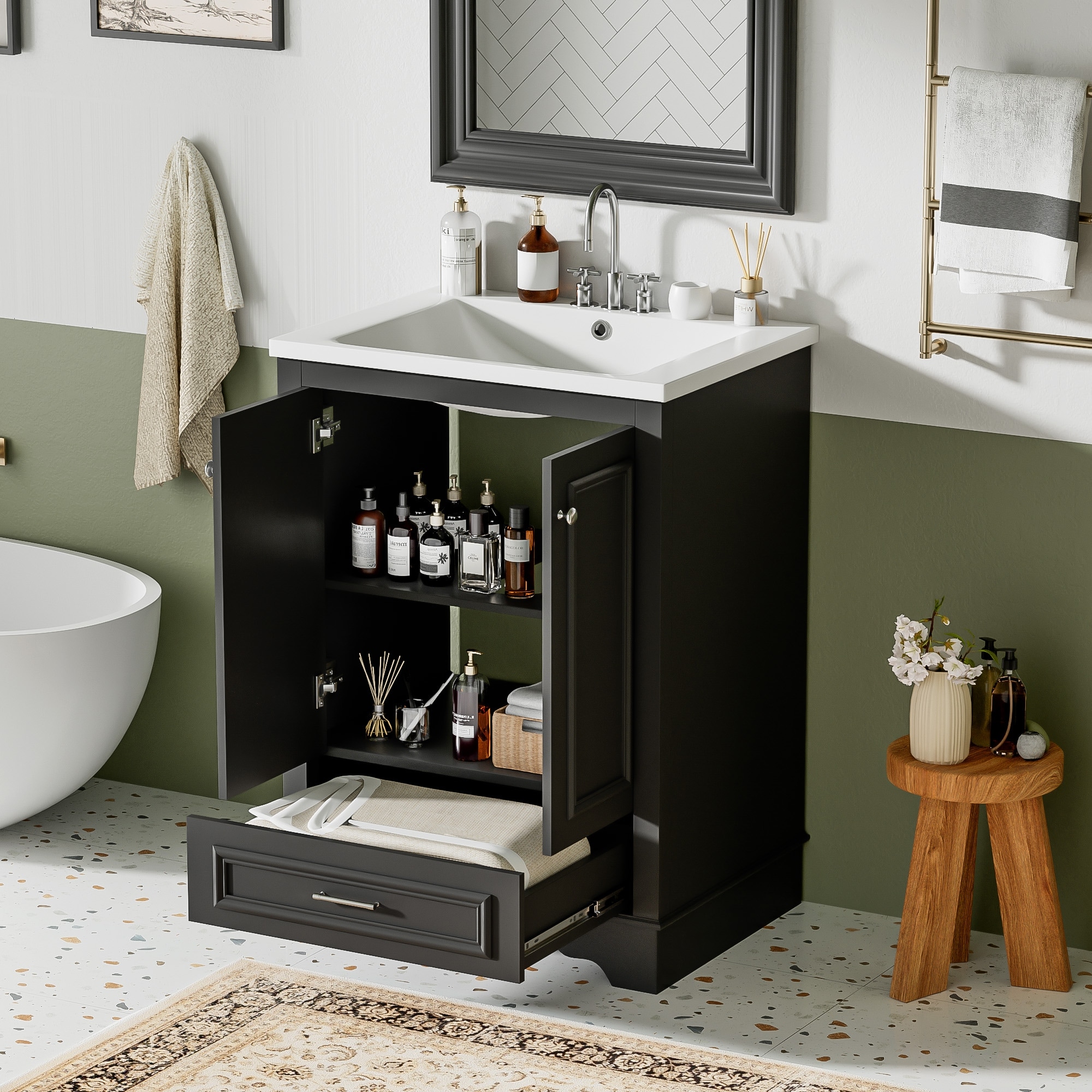 24'' Bathroom Vanity with Ceramic Sink Combo, Modern Freestanding Storage Cabinet with Silver Handles, Soft Closing Doors