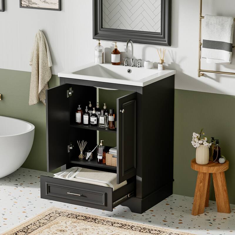 GDFStudio - Halcyon Modern Freestanding Bathroom Vanity with Ceramic Sink and Soft-Closing Storage Doors & Silver Handles - Black