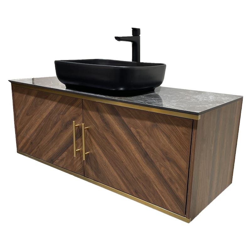 47.24" Modern Bathroom Vanities With Black Glossy Sintered Stone Table Top, Brown Wood Floating Cabinets