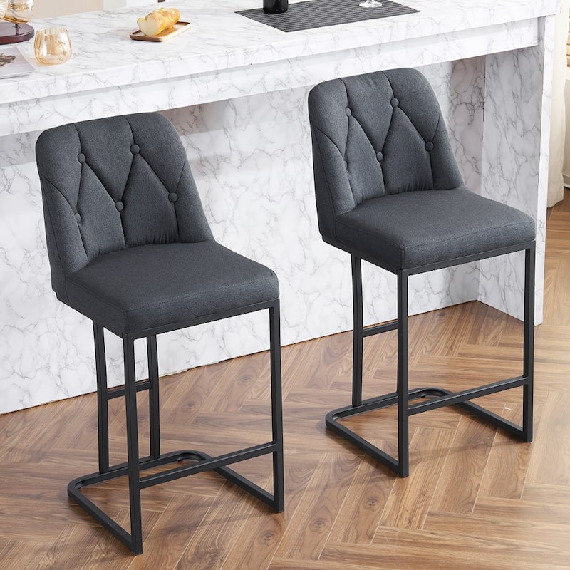 Counter Height Bar Stools Set of 2, 25.2'' Upholstered Bar Stools with Button-Tufted Backrest & Metal Frame for Kitchen, Bar