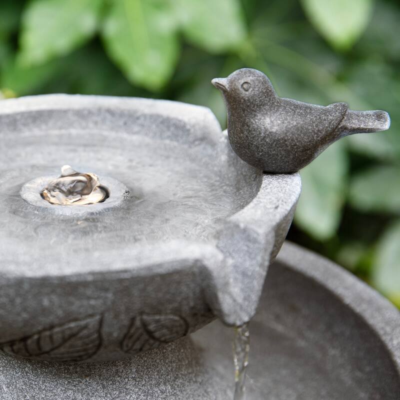 Glitzhome Birdbath Polyresin Outdoor Fountain with Birds, Pump and LED Light