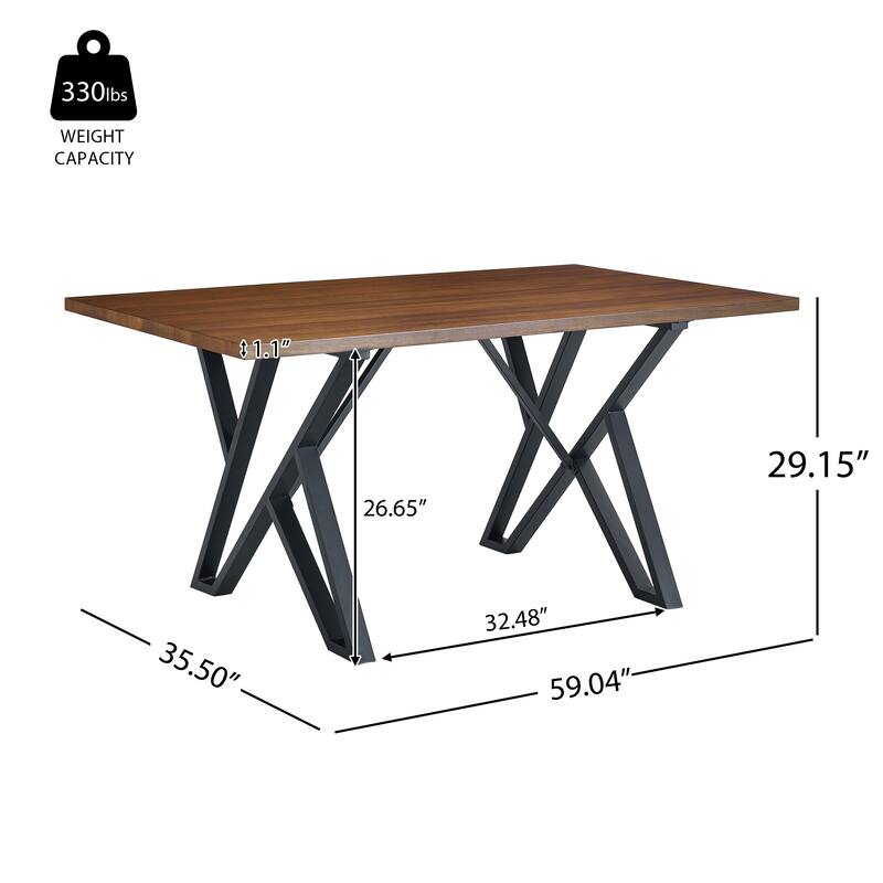 Industrial Dining Table Walnut MDF Top Metal Trestle Base Distressed Finish - Walnut+Black