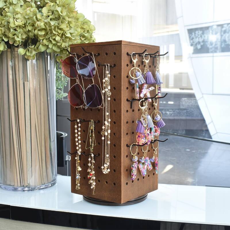 Wooden Rotating Four-Sided Pegboard Jewelry Accessories Rack, Brown - S