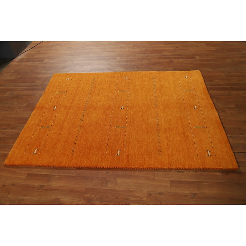 Orange Tribal Gabbeh Indian Rug Handmade Modern Wool Carpet - 4'2" x 5'7"
