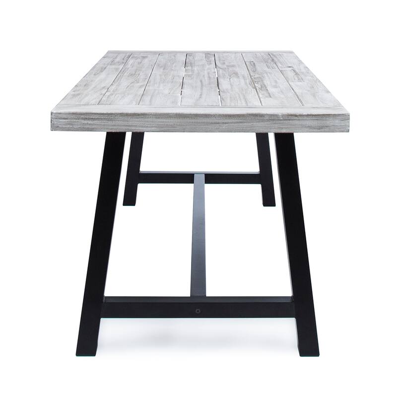 Outdoor Light Grey Sandblast Finish Acacia Wood Dining Table with Black Rustic Metal Finish Frame