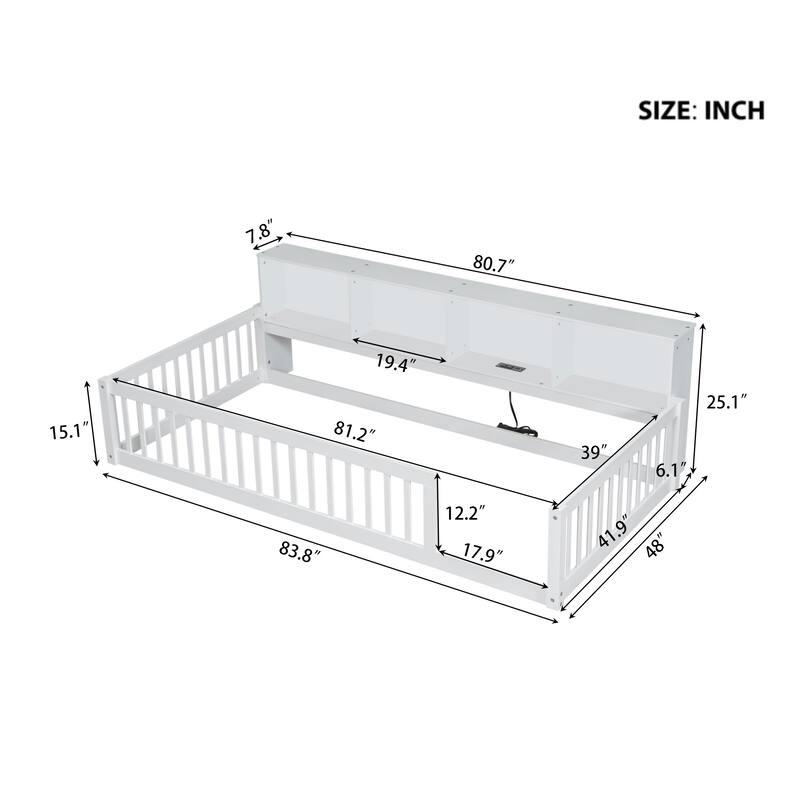 Twin XL Size Floor Bed with Built-in Storage Cabinets, USB Ports, and Charging Station, Perfect for Kids and Small Rooms