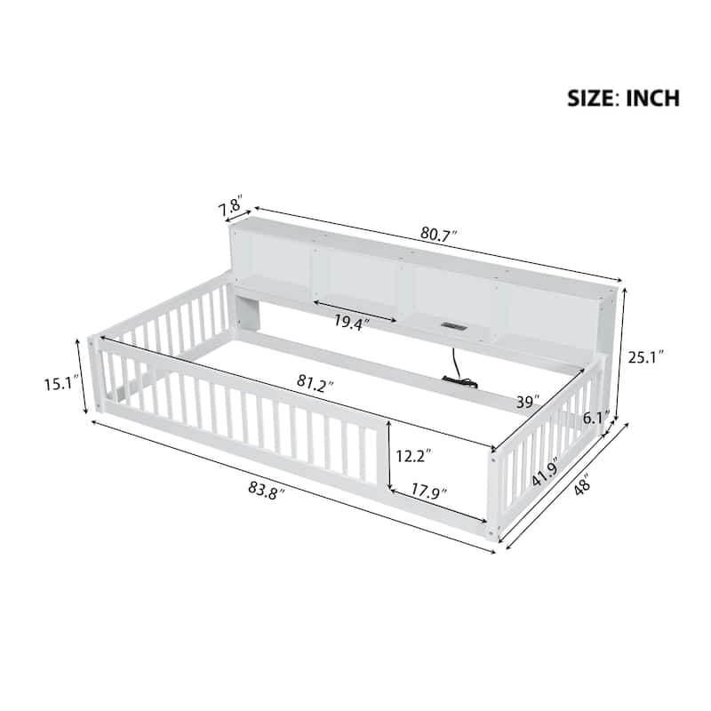 Wood Twin XL Size Floor Bed with Storage Cabinets and USB Ports, Solid Wood Bedframe w/Fence, No Box Spring Needed