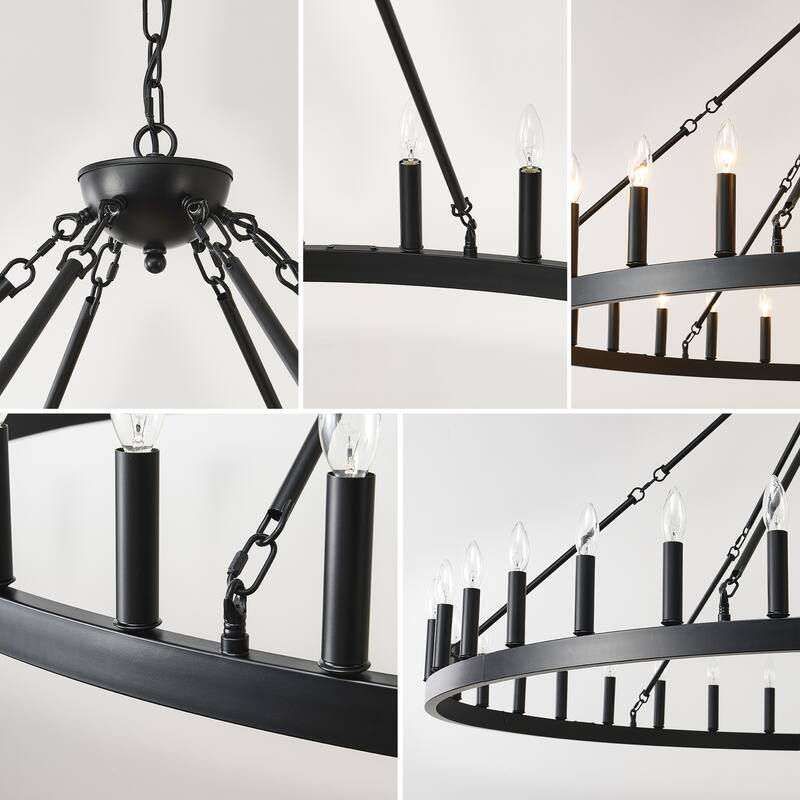 63.8 INCH 36-Light Extra Large Wagon Wheel Chandelier, Black Farmhouse Round Wheel Chandelier Light Fixtures E12