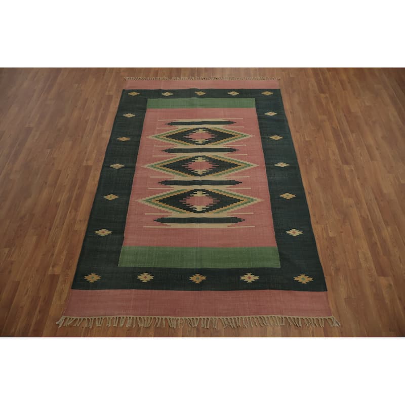 Hand Woven Oriental 100% Wool Carpet Southwestern Geometric Pink Kilim Area Rug - 8' 4'' X 5' 4''