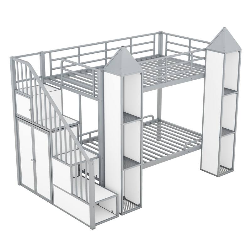 White+Gray Twin Size Metal Castle-shaped Bunk Bed with Wardrobe, Storage Staircase, and Open Cabinets