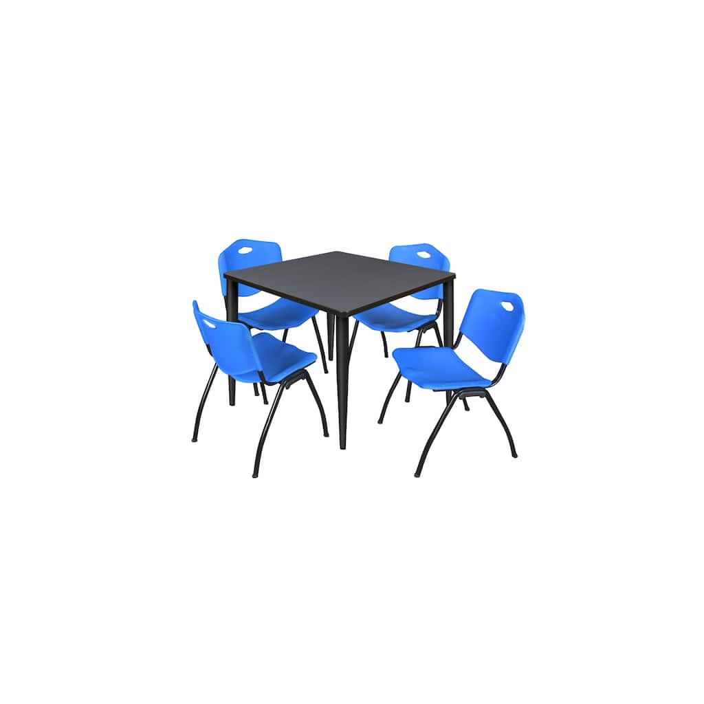 42 in. Square Breakroom Table- Grey Top, Black Base & 4 M Stack Chairs- Blue