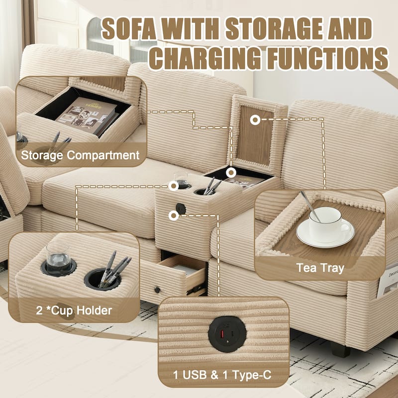HOMEFUN Corduroy Upholstered L-Shaped 4-seater Storage Multifunctional Sectional Sofa with Storage Ottoman,Cup Holder and USB