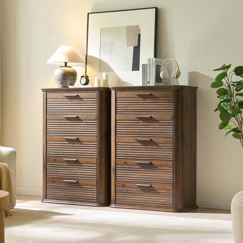 5 Drawers Dresser for Bedroom, 45" Tall Dresser with Curved Profile Design, Wood Fluted Chest of Drawers