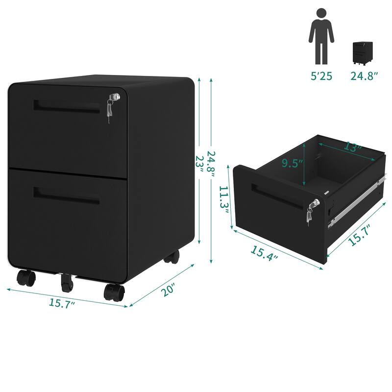 Modern 24.8" 2-drawer Rolling Locking Steel File Cabinet